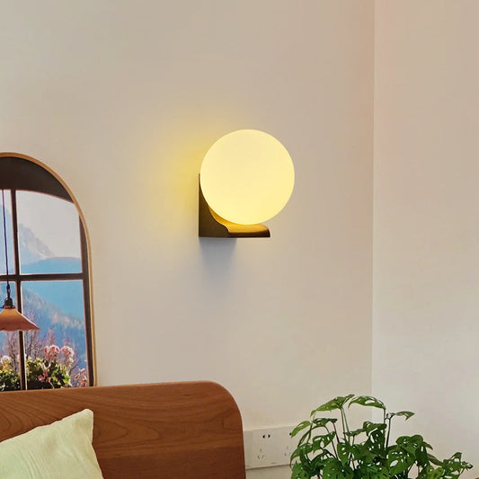 Japanese Globe Wood Glass 1-Light Wall Sconce Lamp