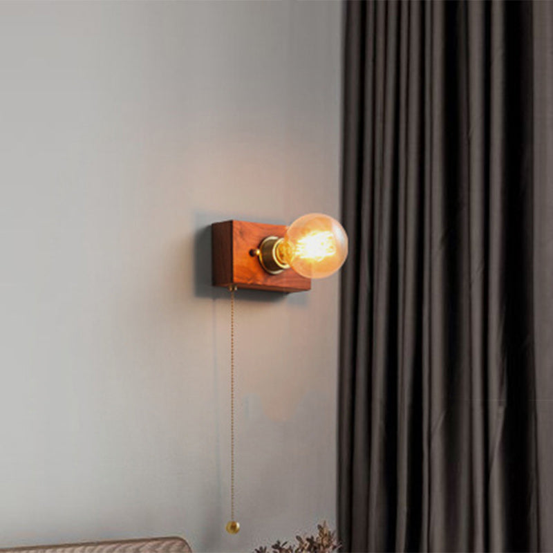 Japanese Rectangular Wood Copper 1-Light Wall Sconce Lamp