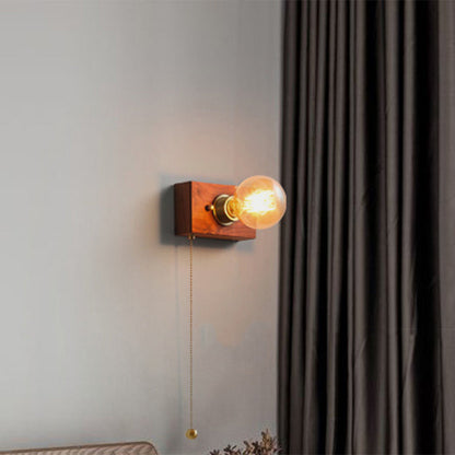 Japanese Rectangular Wood Copper 1-Light Wall Sconce Lamp