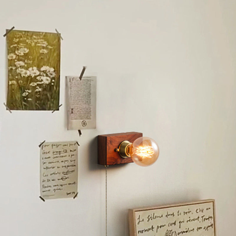 Japanese Rectangular Wood Copper 1-Light Wall Sconce Lamp