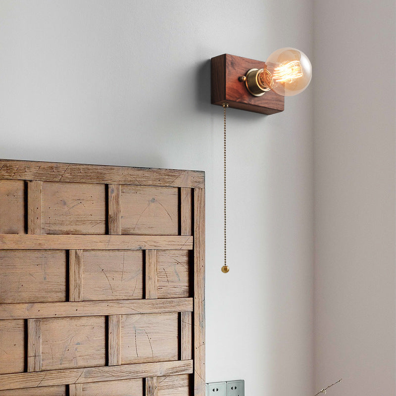 Japanese Rectangular Wood Copper 1-Light Wall Sconce Lamp