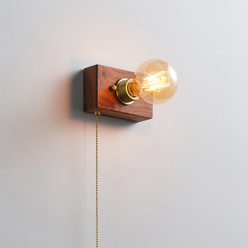 Japanese Rectangular Wood Copper 1-Light Wall Sconce Lamp