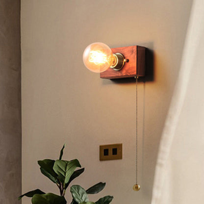 Japanese Rectangular Wood Copper 1-Light Wall Sconce Lamp