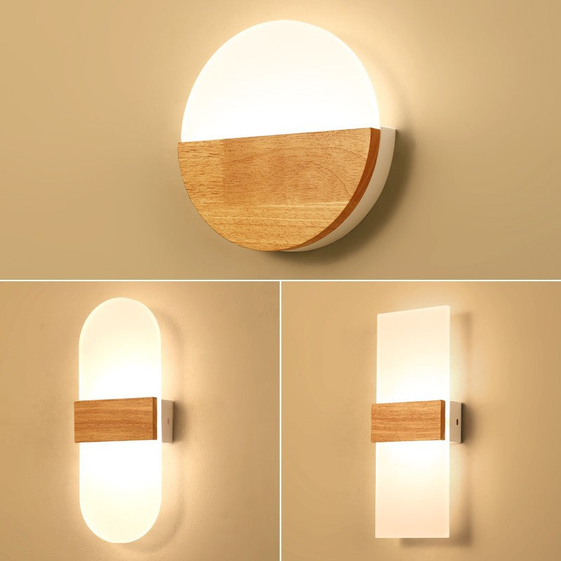 Contemporary Nordic Round Wood Acrylic LED Wall Sconce Lamp
