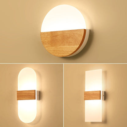 Contemporary Nordic Round Wood Acrylic LED Wall Sconce Lamp