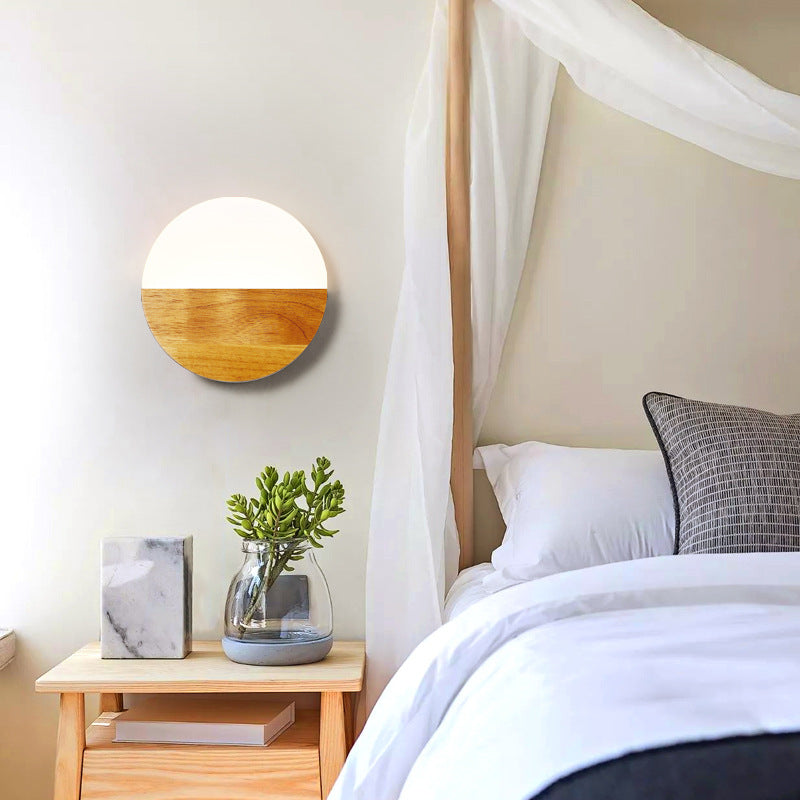 Contemporary Nordic Round Wood Acrylic LED Wall Sconce Lamp