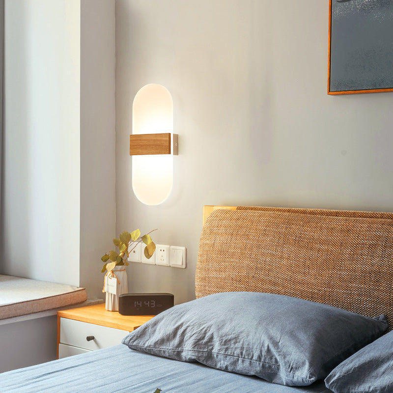 Contemporary Nordic Round Wood Acrylic LED Wall Sconce Lamp