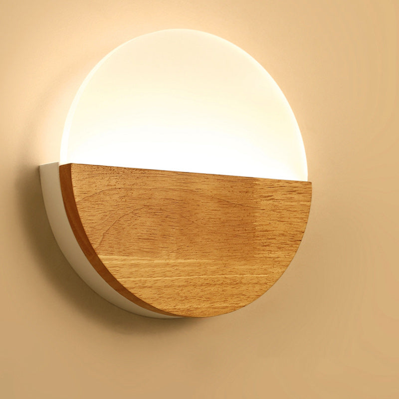 Contemporary Nordic Round Wood Acrylic LED Wall Sconce Lamp