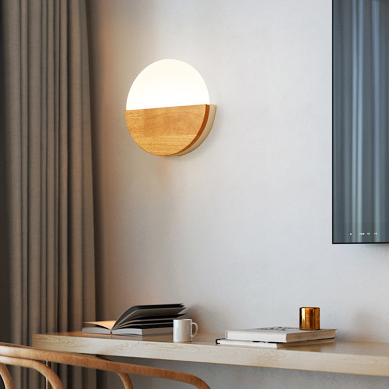 Contemporary Nordic Round Wood Acrylic LED Wall Sconce Lamp