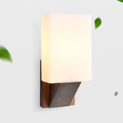 Nordic Rectangular Wood Iron Glass 1-Light Wall Sconce Lamp