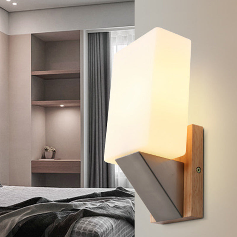 Nordic Rectangular Wood Iron Glass 1-Light Wall Sconce Lamp