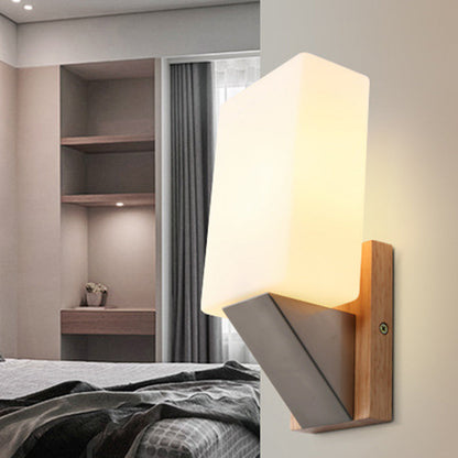 Nordic Rectangular Wood Iron Glass 1-Light Wall Sconce Lamp