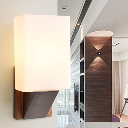 Nordic Rectangular Wood Iron Glass 1-Light Wall Sconce Lamp