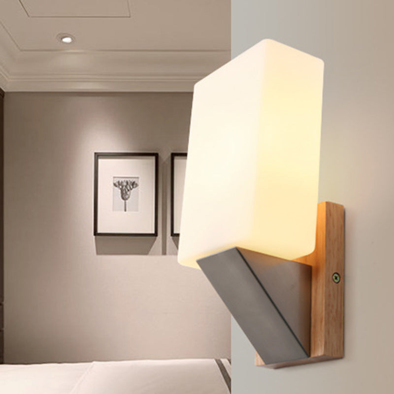 Nordic Rectangular Wood Iron Glass 1-Light Wall Sconce Lamp
