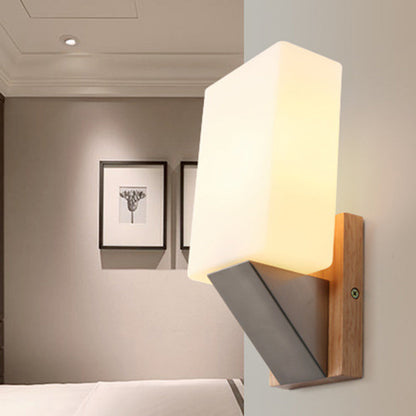 Nordic Rectangular Wood Iron Glass 1-Light Wall Sconce Lamp