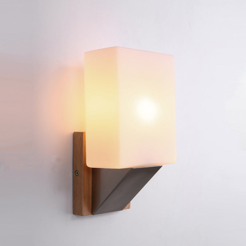 Nordic Rectangular Wood Iron Glass 1-Light Wall Sconce Lamp