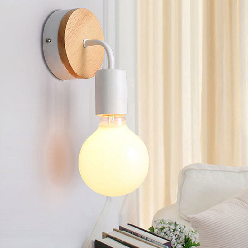 Modern Minimalist Round Wood Iron 1-Light Wall Sconce Lamp