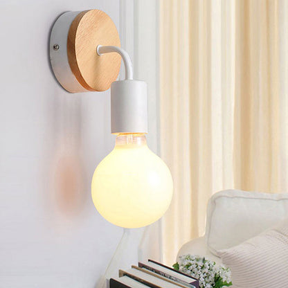 Modern Minimalist Round Wood Iron 1-Light Wall Sconce Lamp