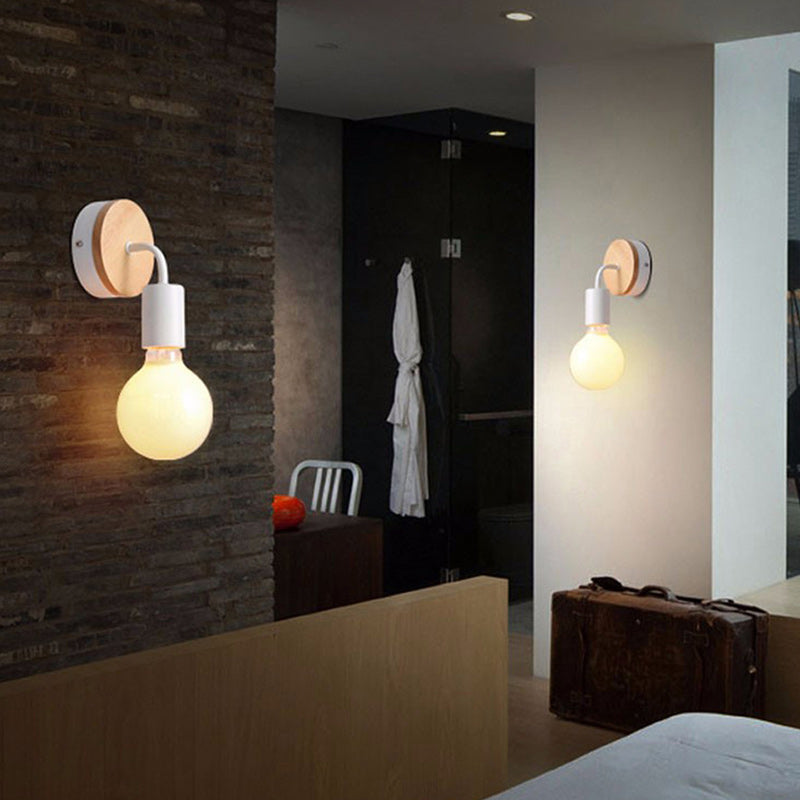 Modern Minimalist Round Wood Iron 1-Light Wall Sconce Lamp