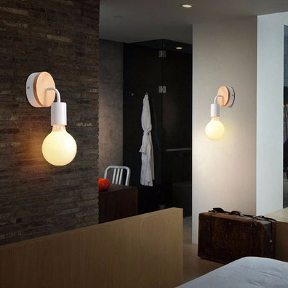 Modern Minimalist Round Wood Iron 1-Light Wall Sconce Lamp