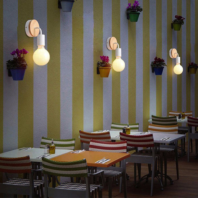 Modern Minimalist Round Wood Iron 1-Light Wall Sconce Lamp