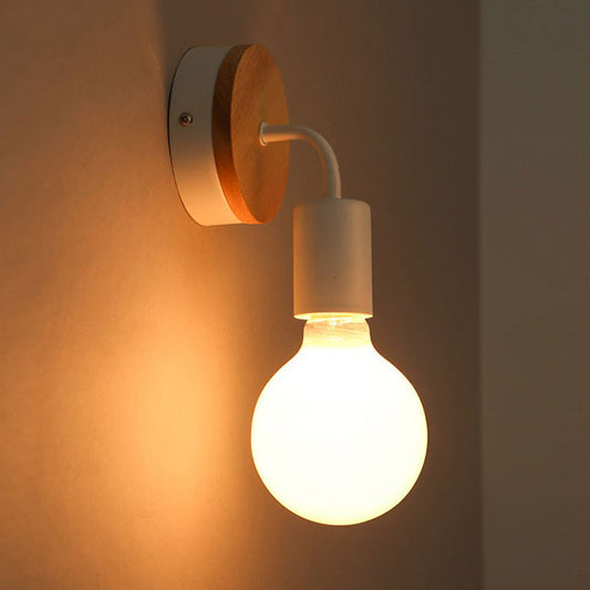 Modern Minimalist Round Wood Iron 1-Light Wall Sconce Lamp