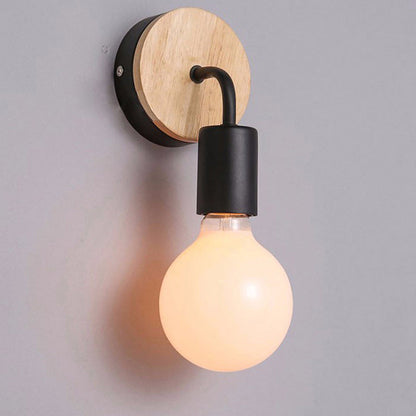 Modern Minimalist Round Wood Iron 1-Light Wall Sconce Lamp