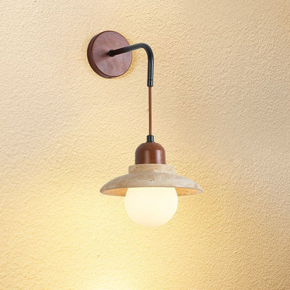 Japanese Round Stone Wood Glass 1-Light Wall Sconce Lamp