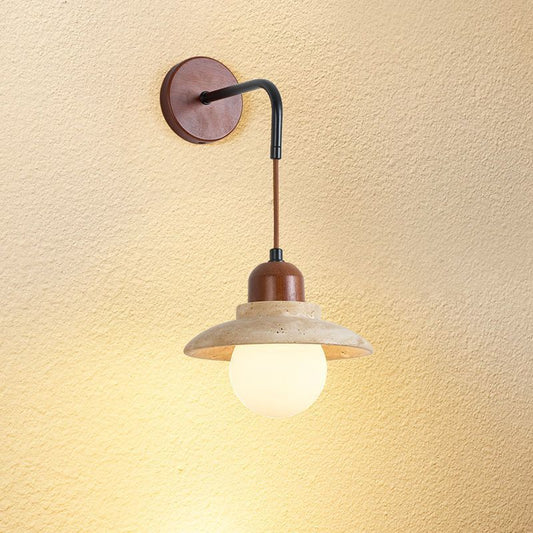Japanese Round Stone Wood Glass 1-Light Wall Sconce Lamp