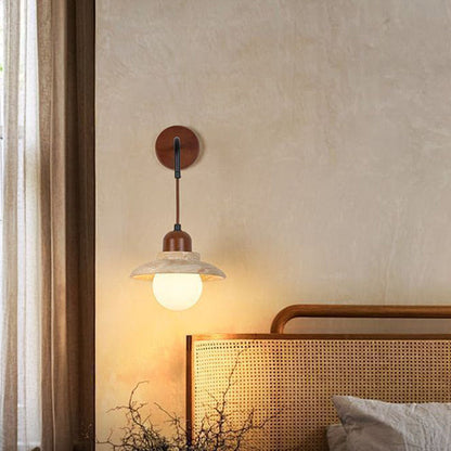 Japanese Round Stone Wood Glass 1-Light Wall Sconce Lamp