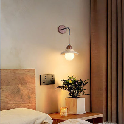 Japanese Round Stone Wood Glass 1-Light Wall Sconce Lamp