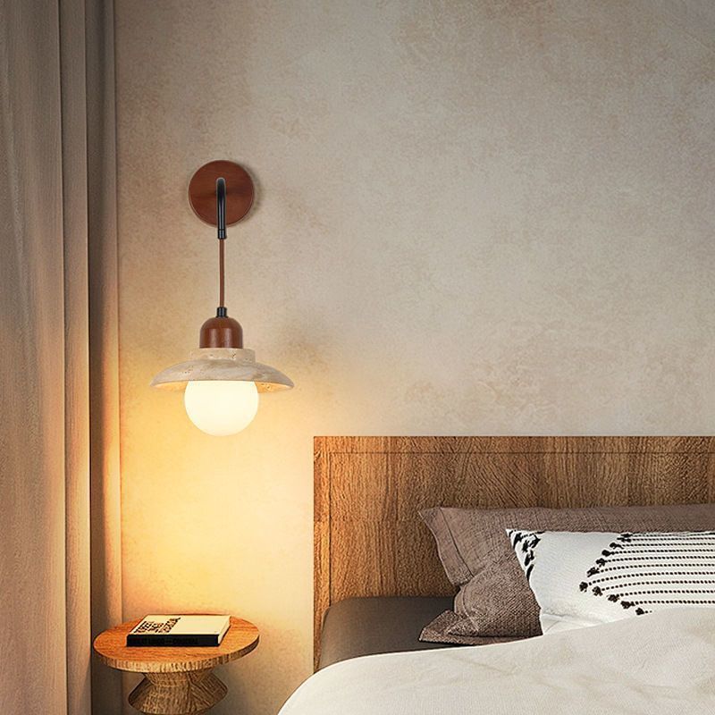 Japanese Round Stone Wood Glass 1-Light Wall Sconce Lamp