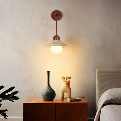 Japanese Round Stone Wood Glass 1-Light Wall Sconce Lamp