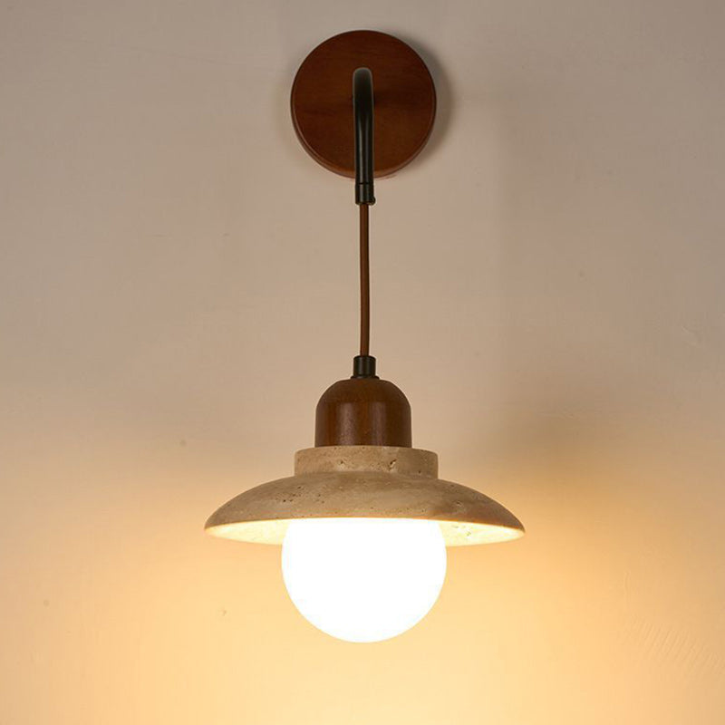 Japanese Round Stone Wood Glass 1-Light Wall Sconce Lamp