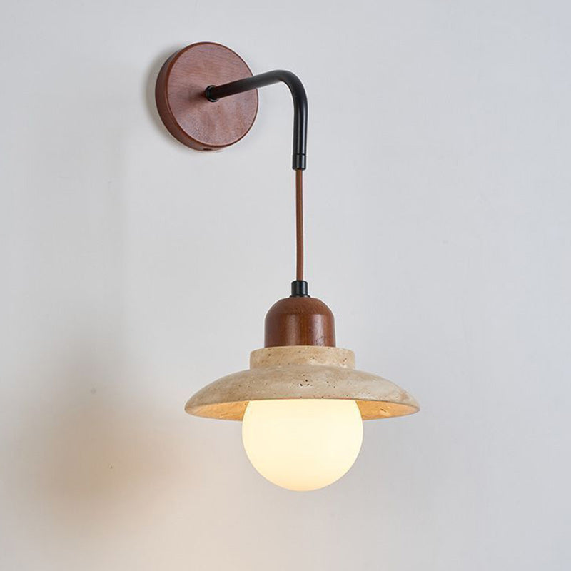 Japanese Round Stone Wood Glass 1-Light Wall Sconce Lamp