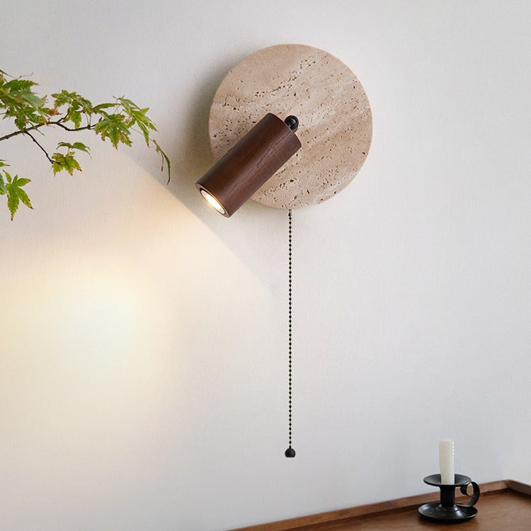 Japanese Round Stone Wood 1-Light Wall Sconce Lamp