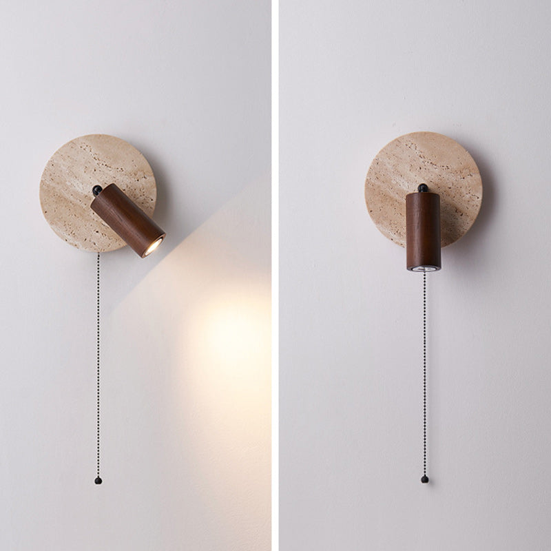 Japanese Round Stone Wood 1-Light Wall Sconce Lamp