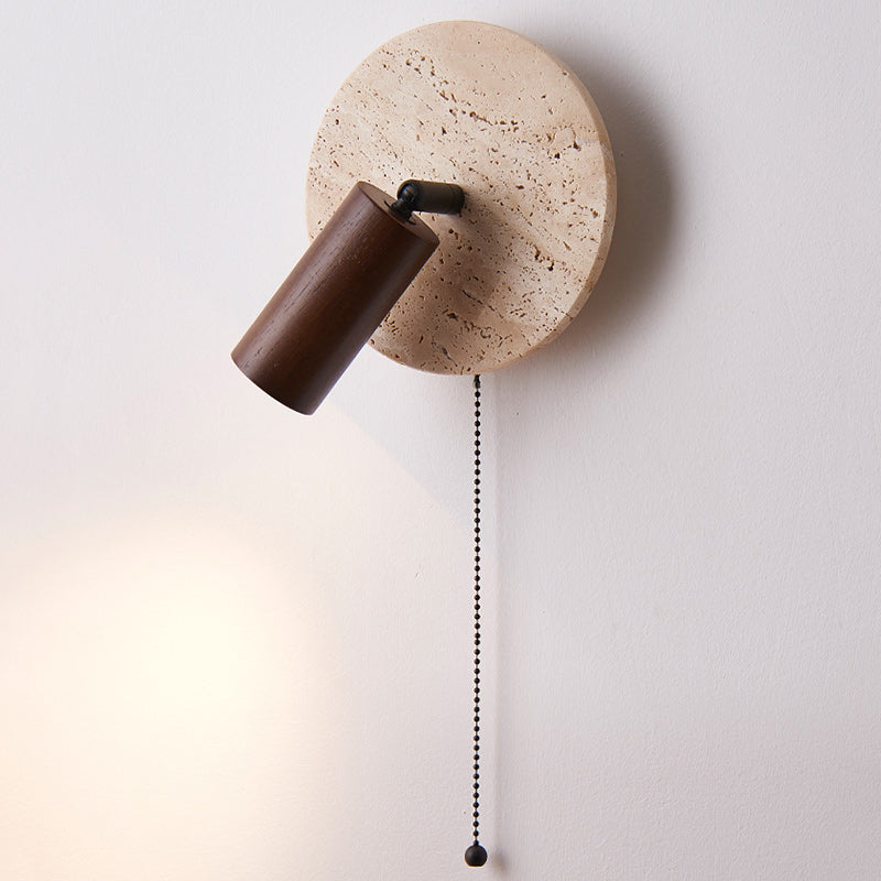 Japanese Round Stone Wood 1-Light Wall Sconce Lamp