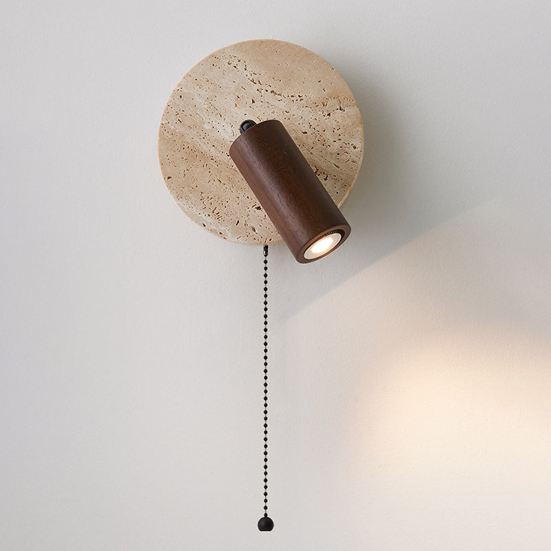 Japanese Round Stone Wood 1-Light Wall Sconce Lamp