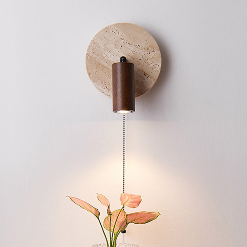 Japanese Round Stone Wood 1-Light Wall Sconce Lamp