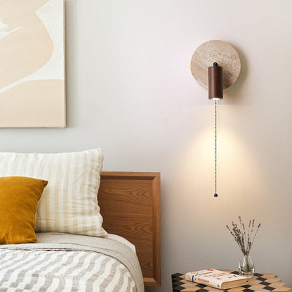 Japanese Round Stone Wood 1-Light Wall Sconce Lamp