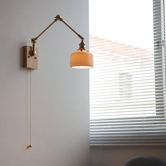 Japanese Round Wood Copper Ceramic 1-Light Wall Sconce Lamp