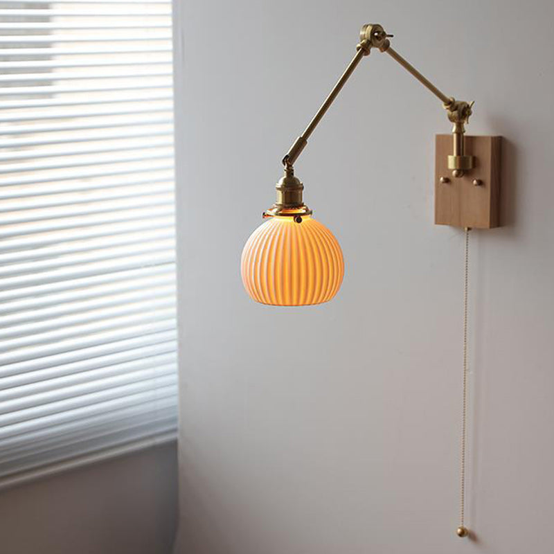 Japanese Round Wood Copper Ceramic 1-Light Wall Sconce Lamp
