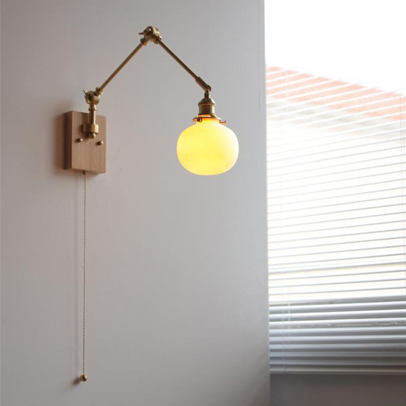 Japanese Round Wood Copper Ceramic 1-Light Wall Sconce Lamp