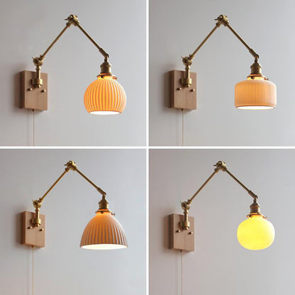 Japanese Round Wood Copper Ceramic 1-Light Wall Sconce Lamp