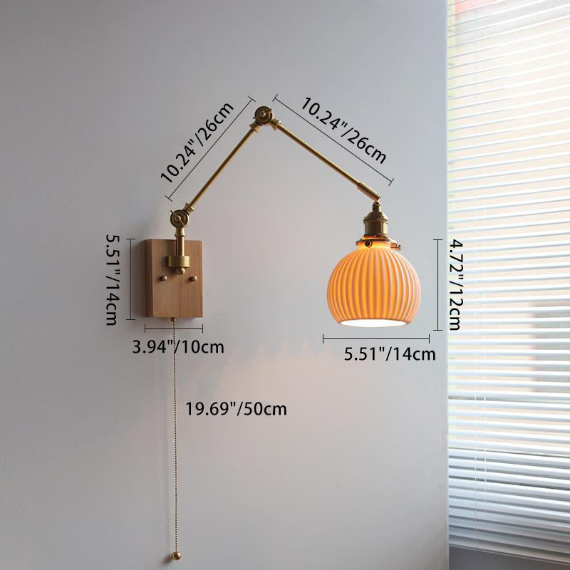 Japanese Round Wood Copper Ceramic 1-Light Wall Sconce Lamp