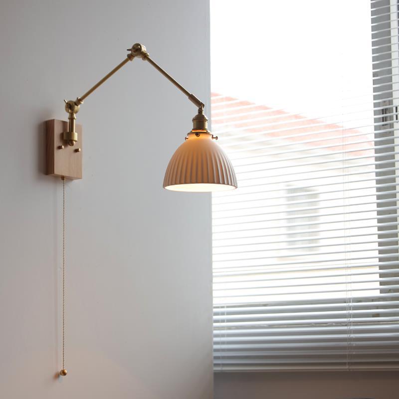 Japanese Round Wood Copper Ceramic 1-Light Wall Sconce Lamp