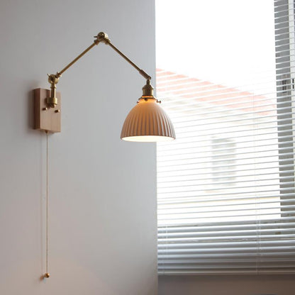 Japanese Round Wood Copper Ceramic 1-Light Wall Sconce Lamp