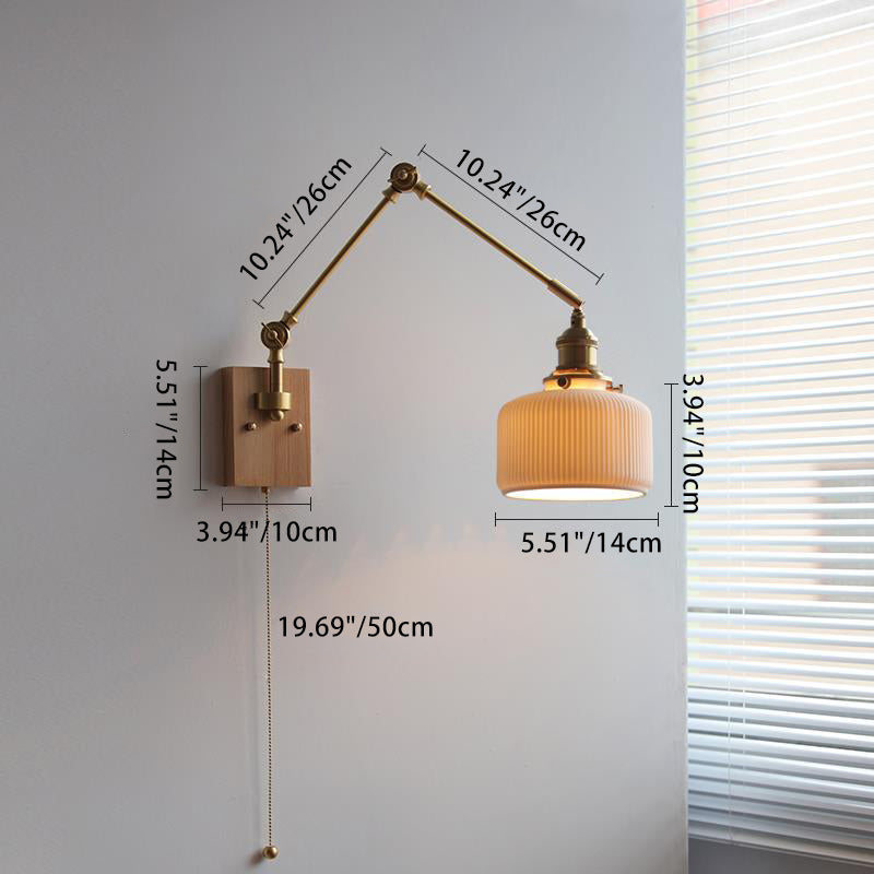 Japanese Round Wood Copper Ceramic 1-Light Wall Sconce Lamp