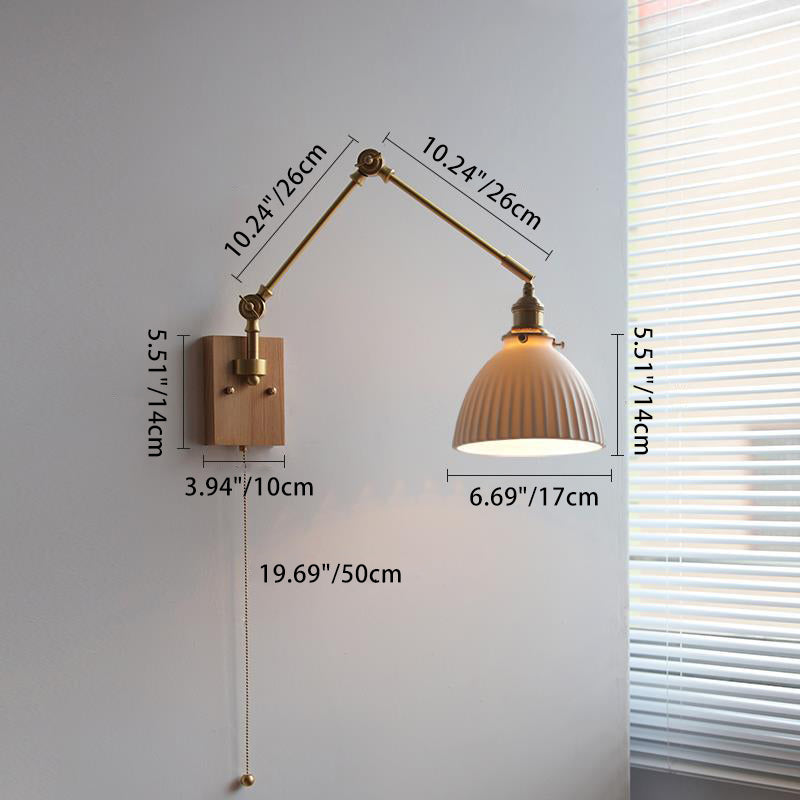 Japanese Round Wood Copper Ceramic 1-Light Wall Sconce Lamp